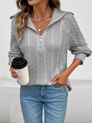 Maglione da Donna in Acrilico a Trecce Casual Con Mezza Cerniera Collo a Polo Vestibilità Larga Tinta Unita Top in Maglia
