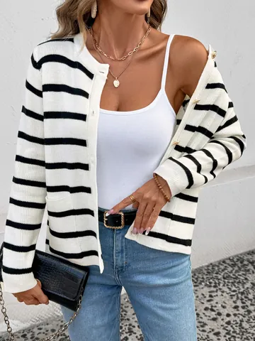 Women Round Neck Black And White Striped Knit Cardigan Long Sleeve Sweater Gold Buttons Front Pockets Casual Jacket