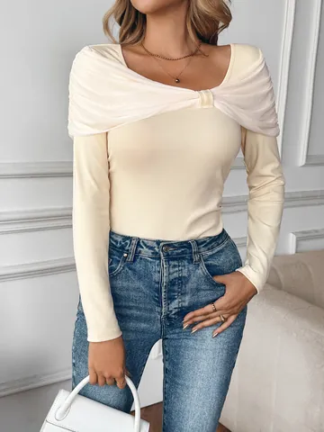 Top de Punto de Estilo Francés para Mujer Hombros Descubiertos Viscosa Manga Larga Camisa Slim Fit con Nudo de Mariposa Moda Elegante
