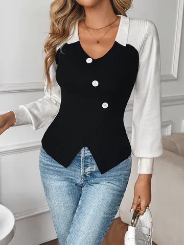 Women's Elegant Color Block V-Neck Knit Sweater Contrast Lapel Long Sleeve Slim Fit Pullover Ribbed Knit Top With Decorative Buttons