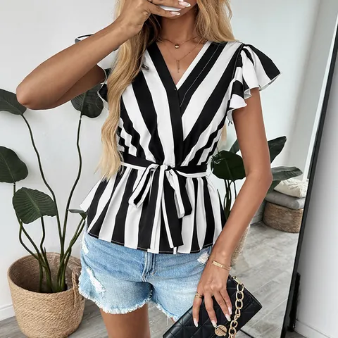 Camicetta da Donna con Scollo a V a Righe Verticali e Volant Manica Corta con Vita da Annodare Top Estivo Casual