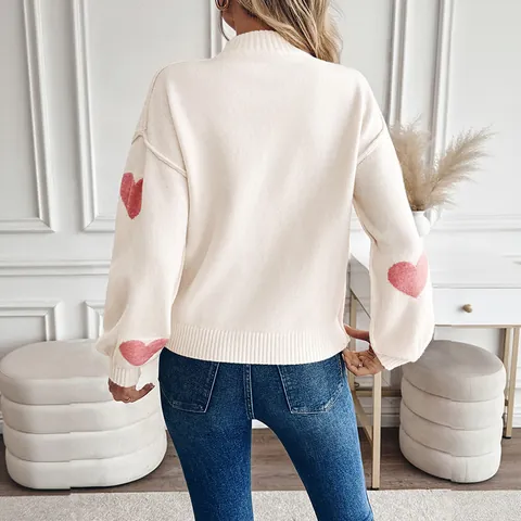 Suéter de Punto Jacquard de Corazón de Navidad para Mujer Cuello Semialto Pullover Oversized Manga Larga Mezcla de Acrílico Suave Top Casual