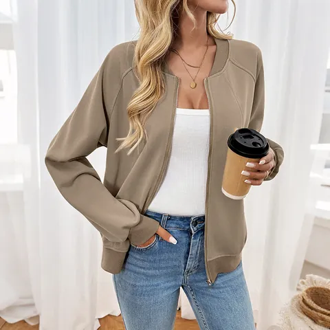 Women Casual Bomber Jacket Khaki Solid Color Loose Zipper Long Sleeve Outerwear Coat With Ribbed Trim For Spring Autumn