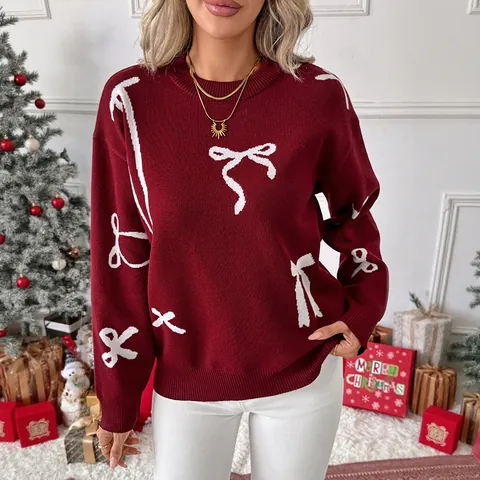 Women Christmas Bow Jacquard Crewneck Sweater Casual Loose Long Sleeve Knitting Pullover Top For Autumn Winter