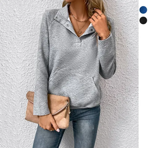 Felpa Trapuntata a Maniche Lunghe da Donna Casual con Bottoni Collo in Piedi Tinta Unita Pullover con Tasca a Canguro