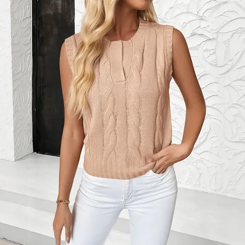 Dames Casual Kabelgebreide Spencer Ronde Hals Mouwloos Effen Kleur Pullover Zachte Acryl Gebreide Tops Voor Dagelijks Gebruik