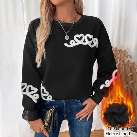 Women's Casual Black Fleece Lined Sweatshirt With White Heart Embroidery Long Sleeve Loose Fit Round Neck Pullover Top