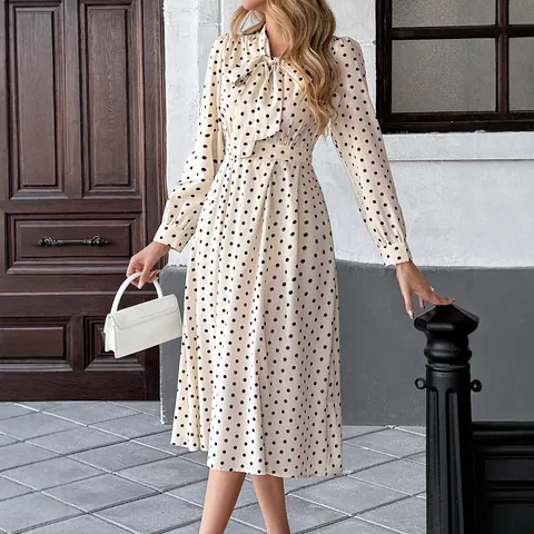 Women Vintage Polka Dot Midi Dress Elegant Bow Tie Neck Long Sleeve High Waist A-Line Polyester Dress For Daily Office Wear
