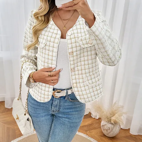 Women's Elegant Chanel Style Tweed Jacket Plaid Button Down Cardigan With Artificial Pearl Trim Slim Fit V Neck Long Sleeve Outerwear