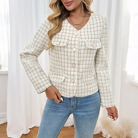 Women's Elegant Chanel Style Tweed Jacket Plaid Button Down Cardigan With Artificial Pearl Trim Slim Fit V Neck Long Sleeve Outerwear