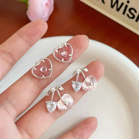 Damen Süße Rosa Kirsche Herz Ohrstecker Mit 925 Sterling Silber Ohrstecker-Stift Legierung Zirkonia Eleganter Schmuck Für Damen Geschenk