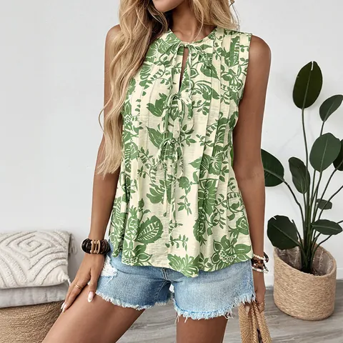 Women Tropical Leaf Print Sleeveless Blouse Boho V Neck Lace Up Pleated Summer Vacation Viscose Tank Top Beige Green