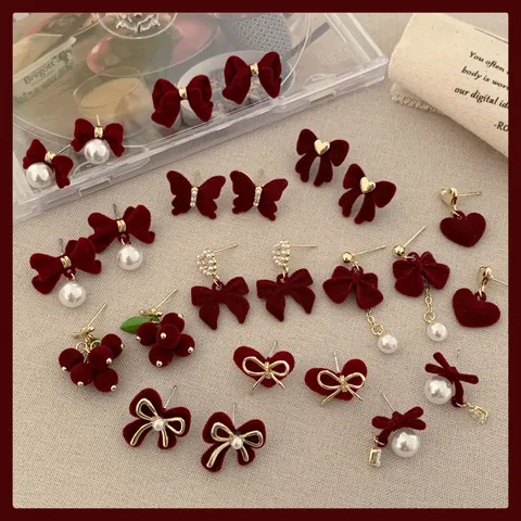 Alloy Flocking Bow Stud Earrings With 925 Sterling Silver Earring Post Vintage Red Heart Artificial Pearl Zirconia Drop Earrings For Women
