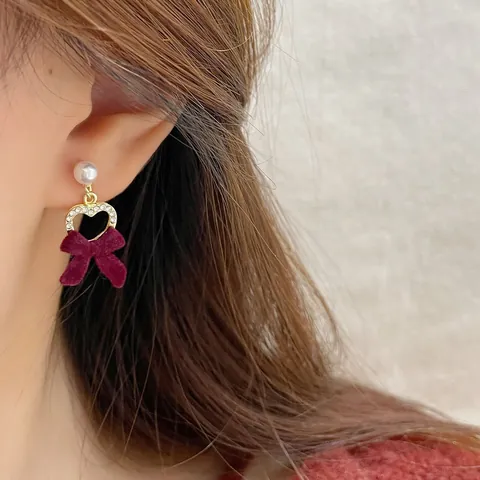 Alloy Flocking Bow Stud Earrings With 925 Sterling Silver Earring Post Vintage Red Heart Artificial Pearl Zirconia Drop Earrings For Women