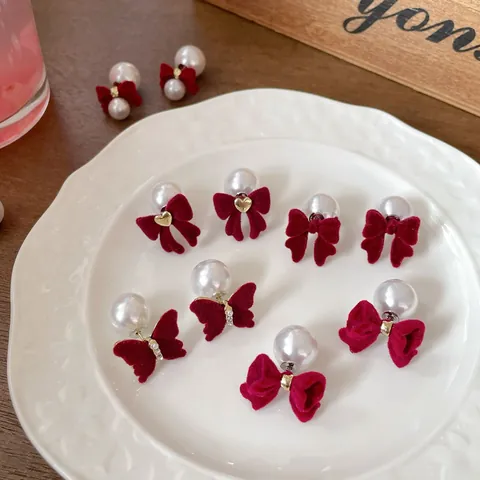 Vintage Wine Red Velvet Bow Stud Earrings With 925 Sterling Silver Earring Post Sweet Faux Artificial Pearl Rhinestone Jewelry For Women