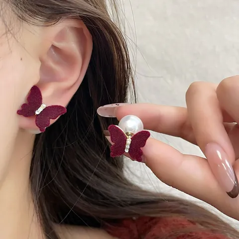Vintage Wine Red Velvet Bow Stud Earrings With 925 Sterling Silver Earring Post Sweet Faux Artificial Pearl Rhinestone Jewelry For Women