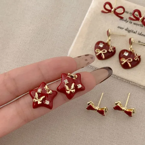 Vintage Rote Emaille Herz Stern Ohrstecker Mit 925 Sterling Silber Ohrstecker-Stift Vergoldet Strass Schleife Ohrringe Für Damen Schmuck