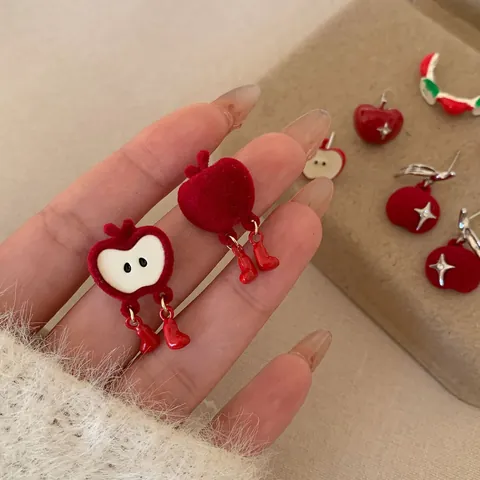 Süße Rote Beflockte Apfel Ohrhänger Mit 925 Sterlingsilber Ohrstecker-Stift Asymmetrische Emaille Frucht Ohrringe Für Damen Mädchen Schmuck