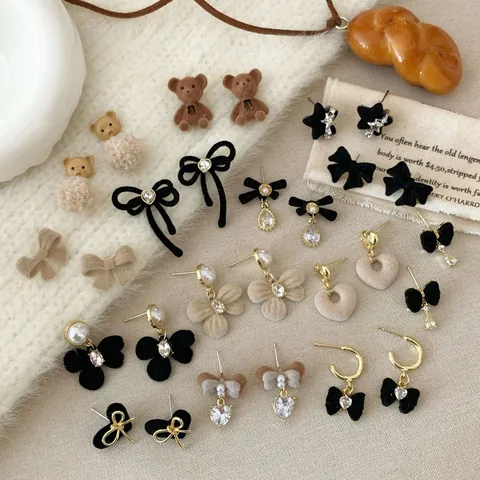 Vintage Beflockung Schleife Ohrstecker Mit 925 Sterling Silber Ohrstecker-Stift Legierung Herz Blume Strass Perle Schmuck Für Damen