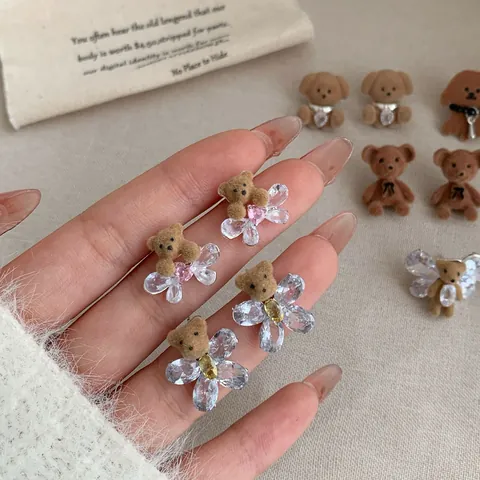 Cute Flocked Bear Rabbit Stud Earrings 925 Sterling Silver Earring Post Zirconia Animal Earrings For Women Sweet Jewelry