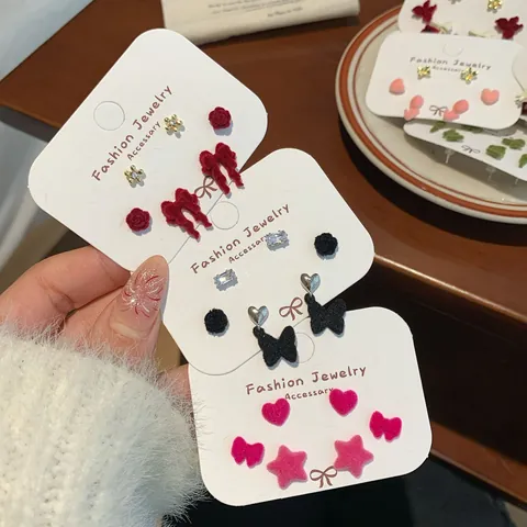 Sweet Flocking Bow Heart Stud Earrings Set With 925 Sterling Silver Earring Post Alloy Rhinestone Flower Earrings Women Jewelry Gift