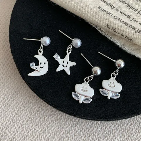 Minimalistische Matt Silber Gebürstet Smiley Blume Ohrstecker Mit 925 Sterling Silber Ohrstecker-Stift Zirkonia Stern Mond Damen Schmuck