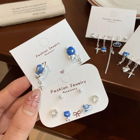 Set Orecchini Blu Stellato con Pianeta e Orso Perno in Argento Sterling 925 Lega Smaltata Animali Luna Stella Gioielli Donna