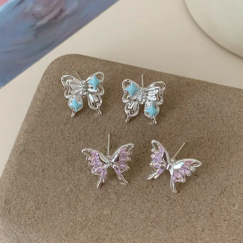 Koreanischer Stil Schmetterling Ohrstecker Legierung Rosa Zirkon Blau Stern Tropföl Schmuck Mit Silber Ohrstecker-Stift