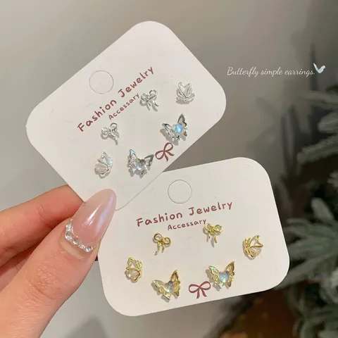 Korean Style Butterfly Bowknot Stud Earrings Set With 925 Sterling Silver Earring Post Alloy Gold Silver Zirconia Inlaid Jewelry