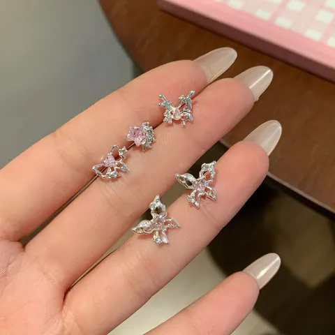 Damen Rosa Schmetterling Herz Ohrstecker Mit 925 Sterlingsilber Ohrstecker-Stift Zirkonia Stern Blume Schmuck Täglich Party Accessoire