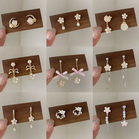 Sweet Pink Cherry Blossom Earrings With 925 Sterling Silver Earring Post Alloy Enamel Flower Drop Earrings Cat Moon Bowknot Jewelry For Women Wedding Birthday Gift