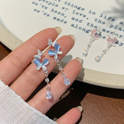 Elegante Schmetterling Katzenaugenstein Quasten Ohrhänger Mit Silber Ohrstecker-Stift Legierung Zirkonia Schmuck Für Damen