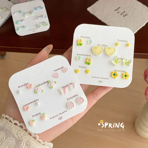 Floral Butterfly Heart Stud Earrings Set With 925 Sterling Silver Earring Post Alloy Resin Jewelry For Women Girls Gift