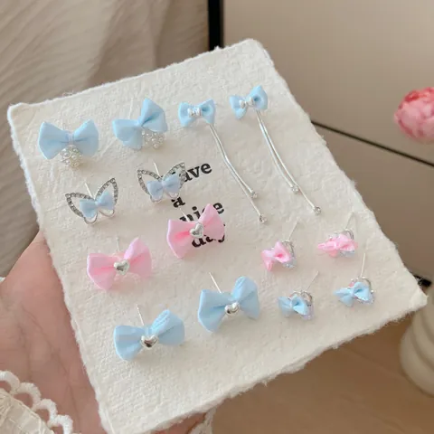 Sweet Ins Style Fabric Bow Stud Earrings With Silver Earring Post Zirconia Artificial Pearl Heart Butterfly Earrings For Women Jewelry