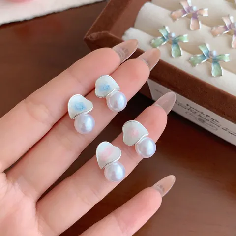 Heart Bow Flower Stud Earrings With 925 Sterling Silver Earring Post Enamel Artificial Pearl Rhinestone Elegant Jewelry For Women