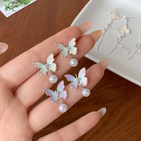 Orecchini a Nappa Farfalla in Smalto Sfumato da Sogno per Donna Orecchini Lunghi Pendenti in Lega con Perla Artificial d'Imitazione Perno in Argento Sterling 925 Gioielli