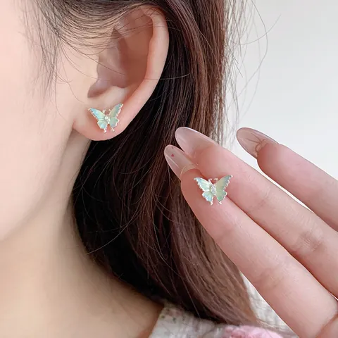 Boucles d'oreilles Clous Doux Menthe Papillon Fleur Avec Tige en Argent Sterling 925 Alliage Émail Perle Strass Bijoux Femme