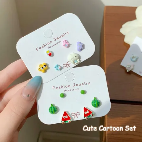 Cute Cartoon Fruit Animal Stud Earrings Set With Silver Earring Post Alloy Drip Oil Watermelon Cat Rabbit Jewelry For Girls