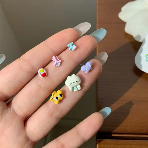 Cute Cartoon Fruit Animal Stud Earrings Set With Silver Earring Post Alloy Drip Oil Watermelon Cat Rabbit Jewelry For Girls