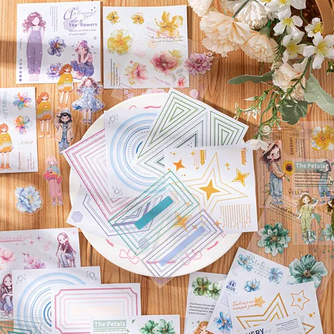 Flower Language Girl PET Washi Stickers For DIY Journaling Scrapbooking Decoration Cartoon Girl Floral Aesthetic Stationery Supplies