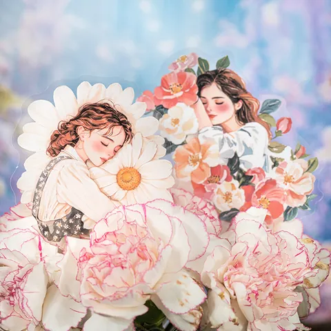 Adesivi in PET Tema Ragazza dei Fiori Trasparenti Impermeabili Decorativi Scrapbook Fai da Te Diario Illustrazione Etichetta Estetica