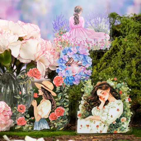 Adesivi in PET Tema Ragazza dei Fiori Trasparenti Impermeabili Decorativi Scrapbook Fai da Te Diario Illustrazione Etichetta Estetica