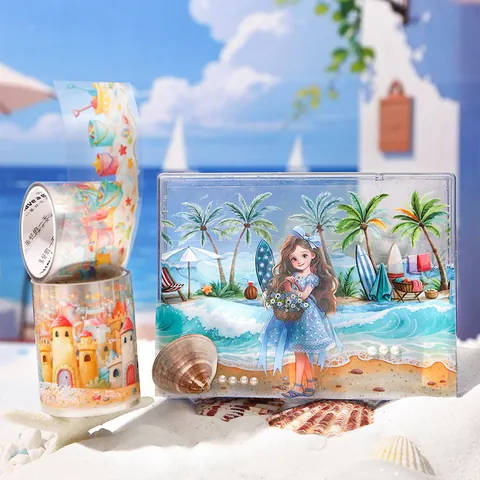 Set di Nastri Decorativi in PET Riva Del Mare In Piena Estate Motivo Spiaggia Castello Di Sabbia Onde Per Scrapbooking DIY