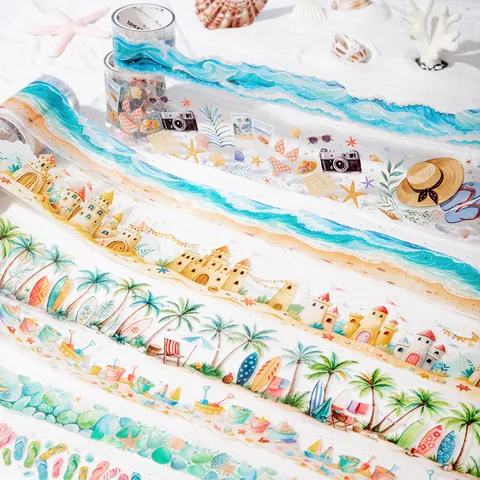 Set di Nastri Decorativi in PET Riva Del Mare In Piena Estate Motivo Spiaggia Castello Di Sabbia Onde Per Scrapbooking DIY