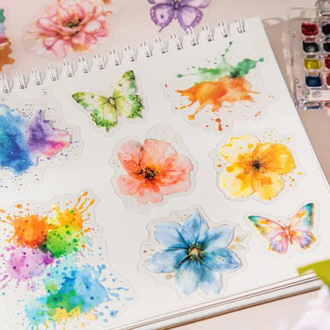 Paquete de Pegatinas de PET de Flores y Mariposas con Acuarela para Scrapbooking Journaling DIY Decorativas Estéticas