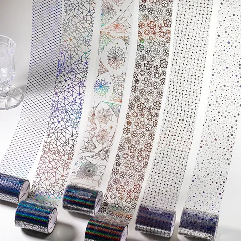Iridescent Holographic PET Decorative Tape For DIY Journaling Scrapbooking Craft Floral Star Spider Web Aesthetic Masking Tape