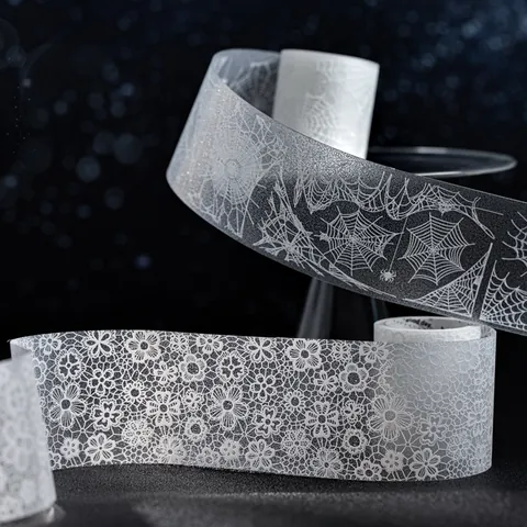 Cinta Adhesiva PET de Arena Brillante Patrón de Noche Estrellada Encaje Telaraña Para Diario Scrapbooking Decoración DIY