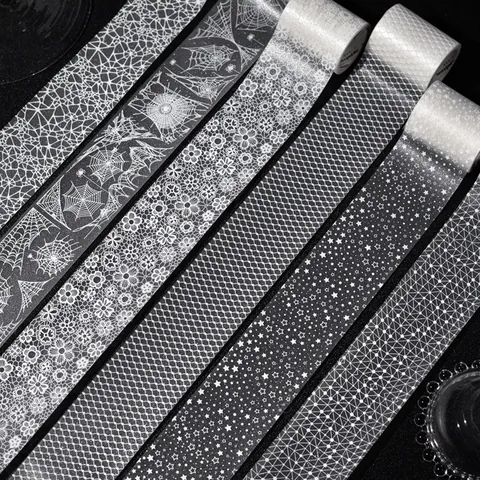 Cinta Adhesiva PET de Arena Brillante Patrón de Noche Estrellada Encaje Telaraña Para Diario Scrapbooking Decoración DIY