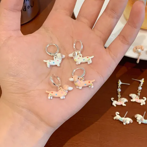 Cute Polka Dot Dachshund Dog Earrings With 925 Sterling Silver Earring Post Alloy Enamel Animal Flower Artificial Pearl Stud Hoop Jewelry For Women