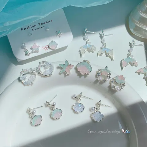 Ocean Series Stud Earrings Alloy Crystal Mermaid Tail With 925 Sterling Silver Earring Post Starfish Shell Jewelry For Women